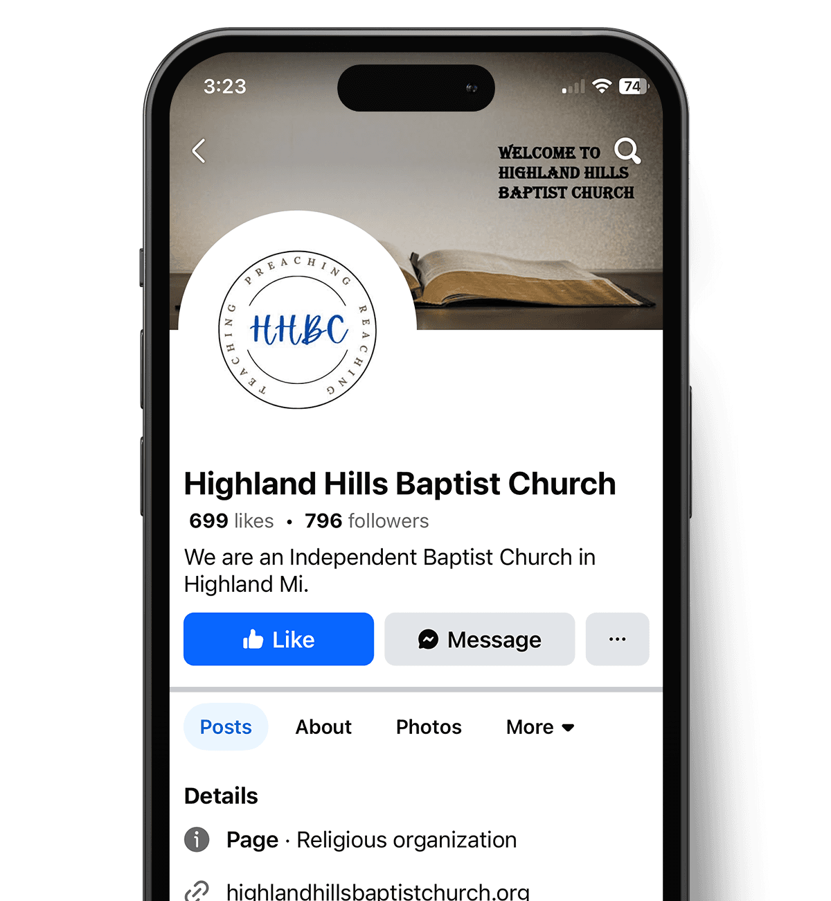 Highland Hills Baptist Church Facebook page on a phone